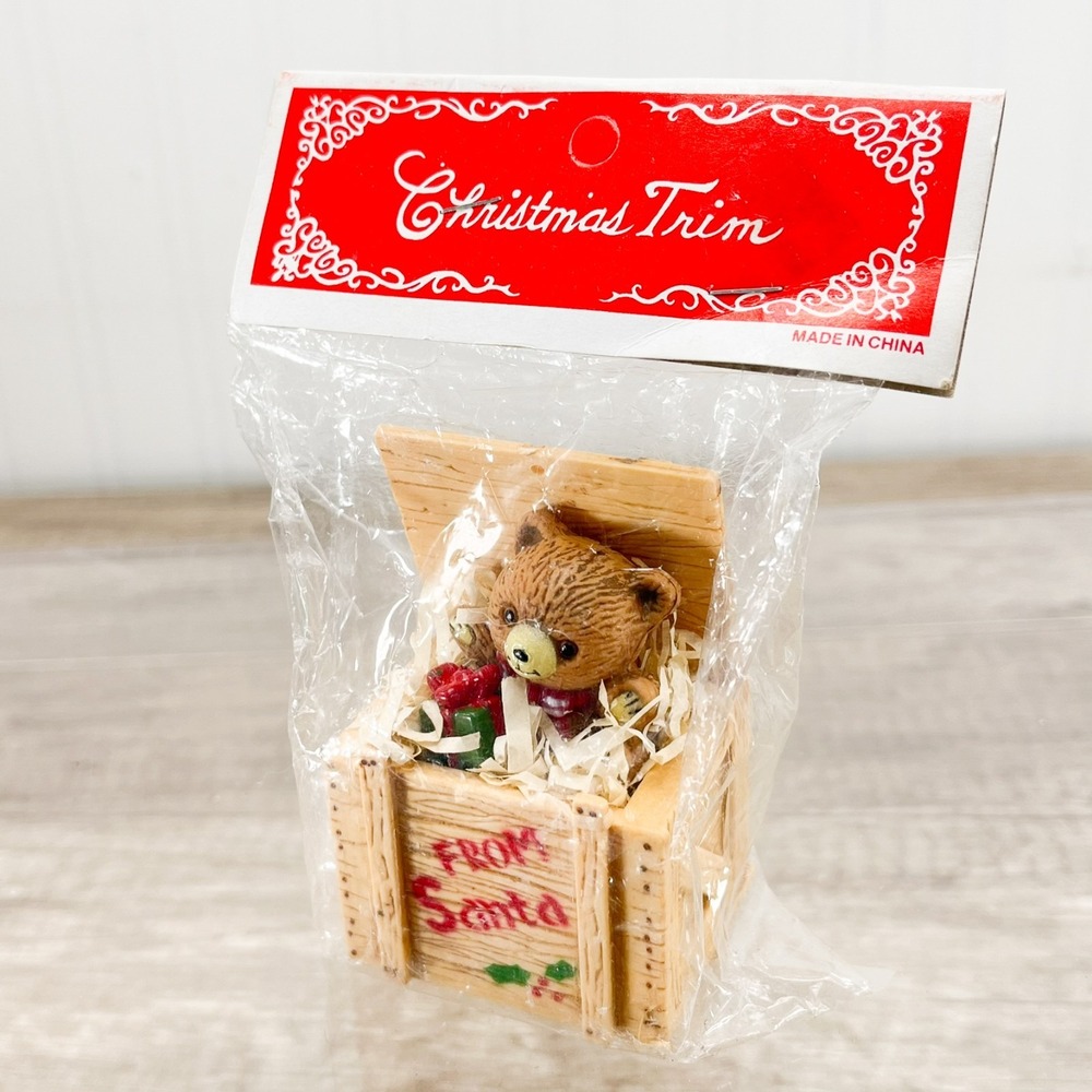 Vtg Teddy Bear In Crate From Santa Christmas Ornament Christmas Trim Ornament